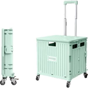 Foldable Shopping Trolley, 65L Collapsible Utility Cart, Folding Portable Crate Handcart with Omni-Directional Wheels and Metal Telescopic Handle - Green