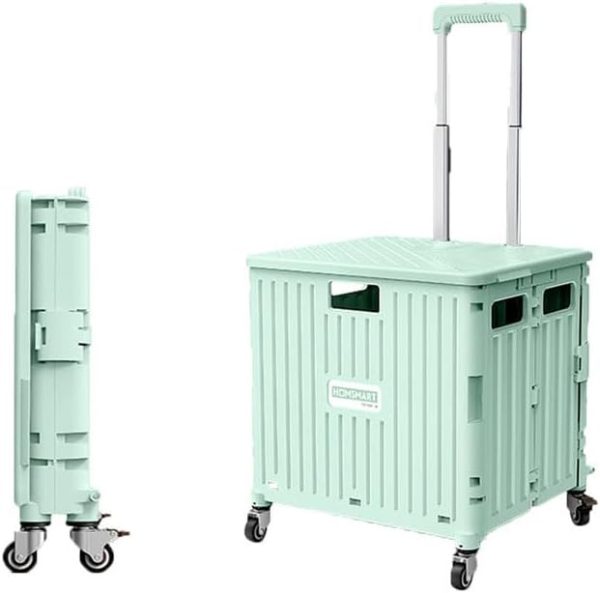 Foldable Shopping Trolley, 65L Collapsible Utility Cart, Folding Portable Crate Handcart with Omni-Directional Wheels and Metal Telescopic Handle - Green